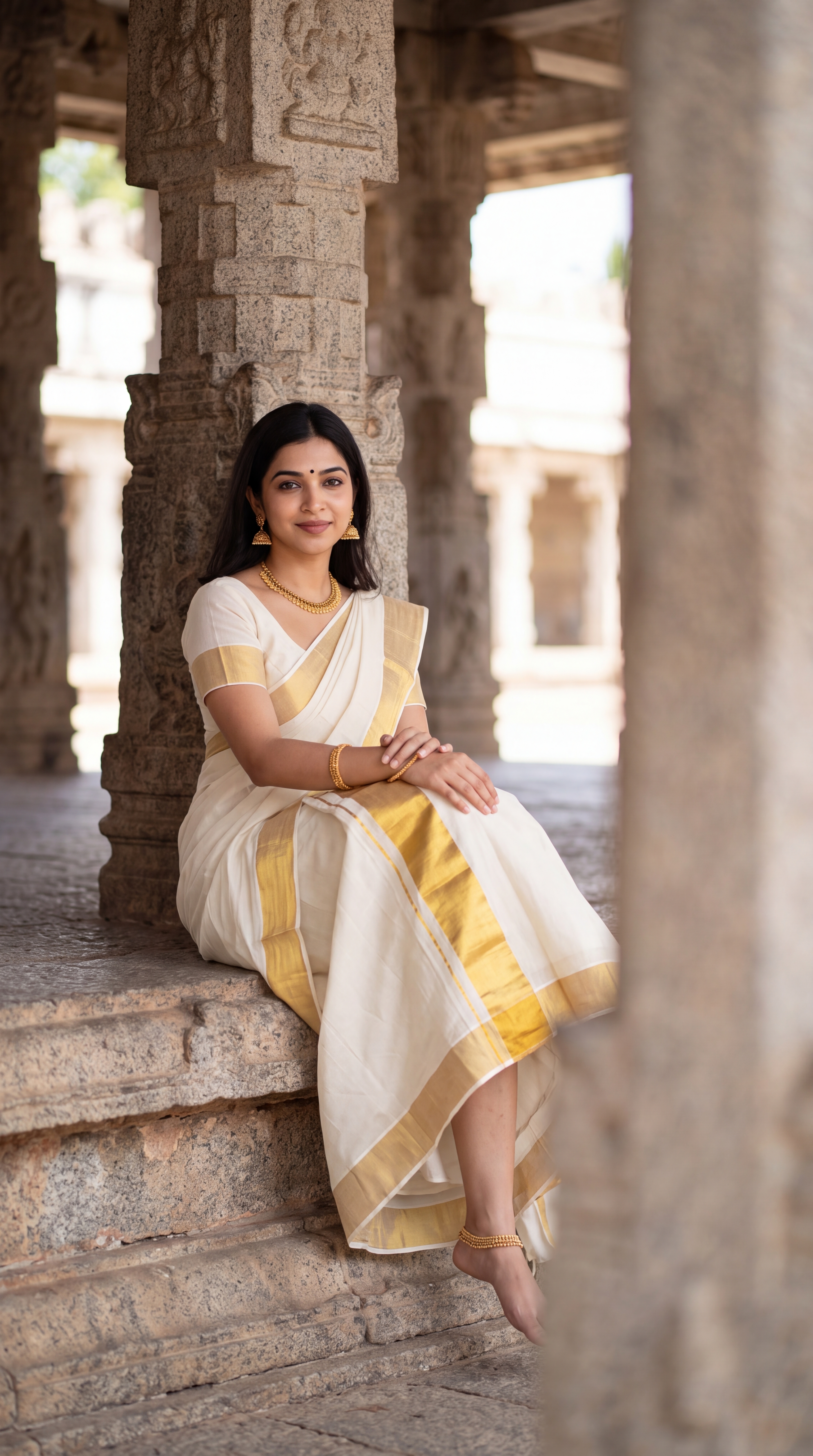 Girl in ivory-white saree