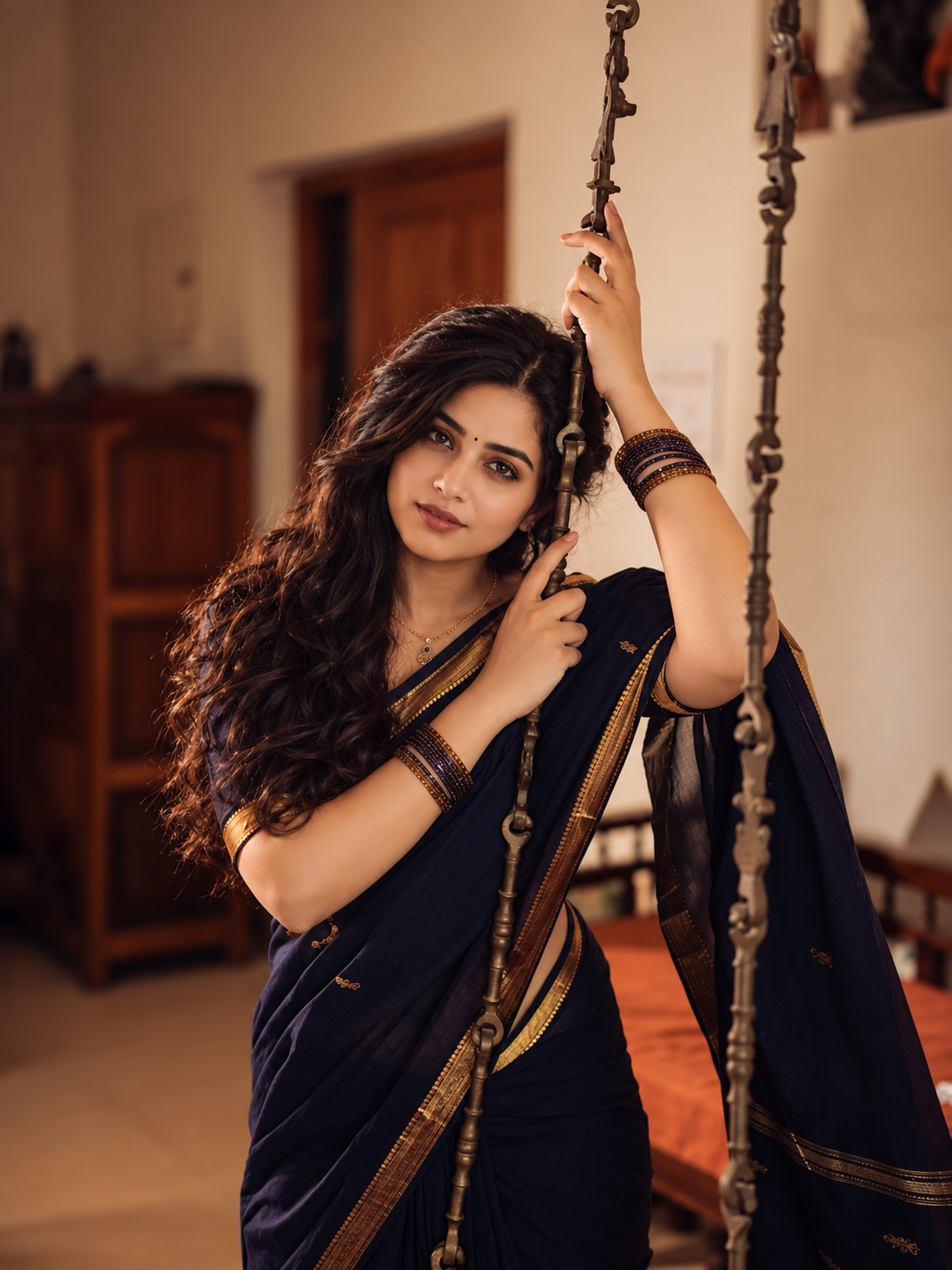Girl layin on chain of wooden swing