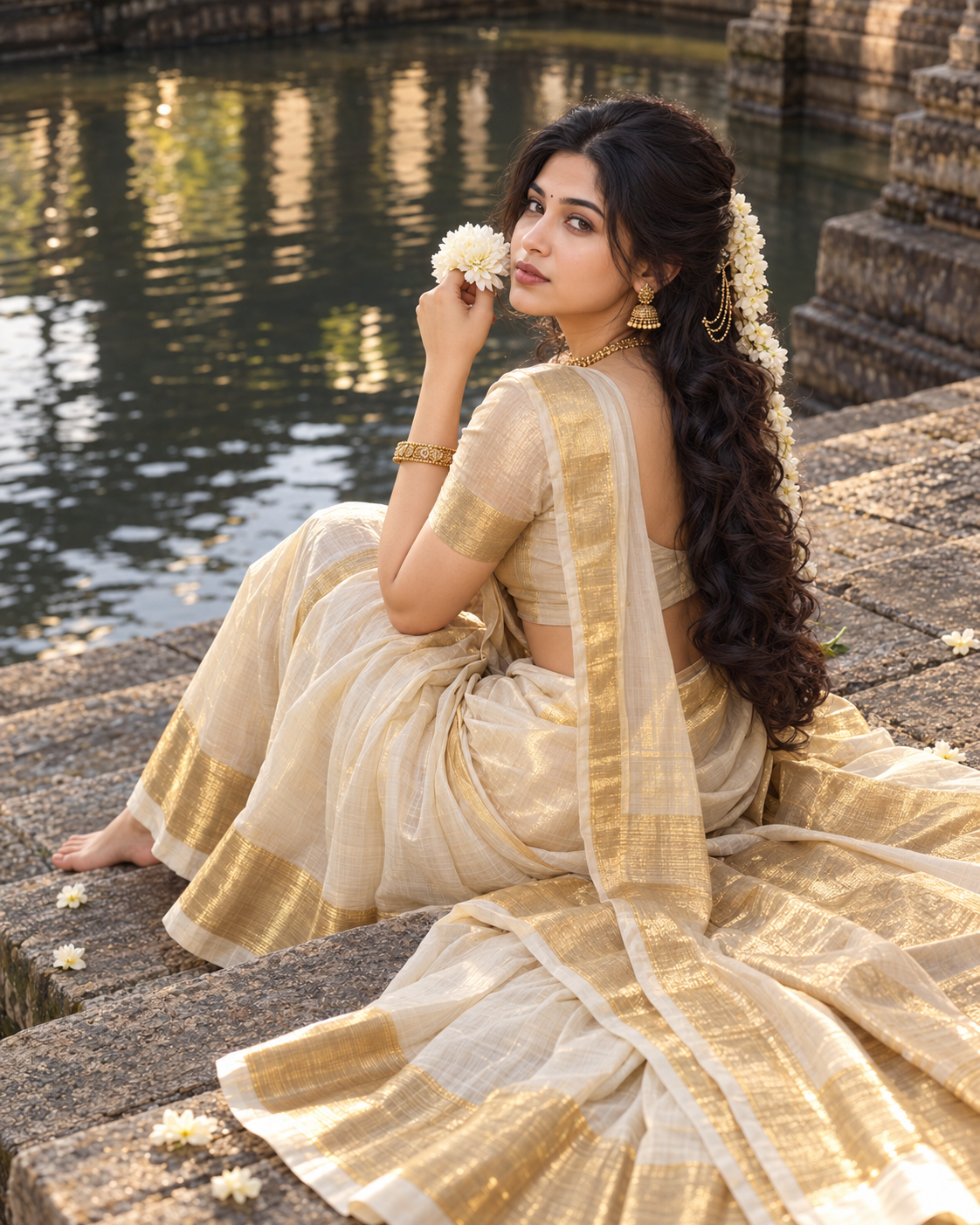 Girl in white saree wtih flower