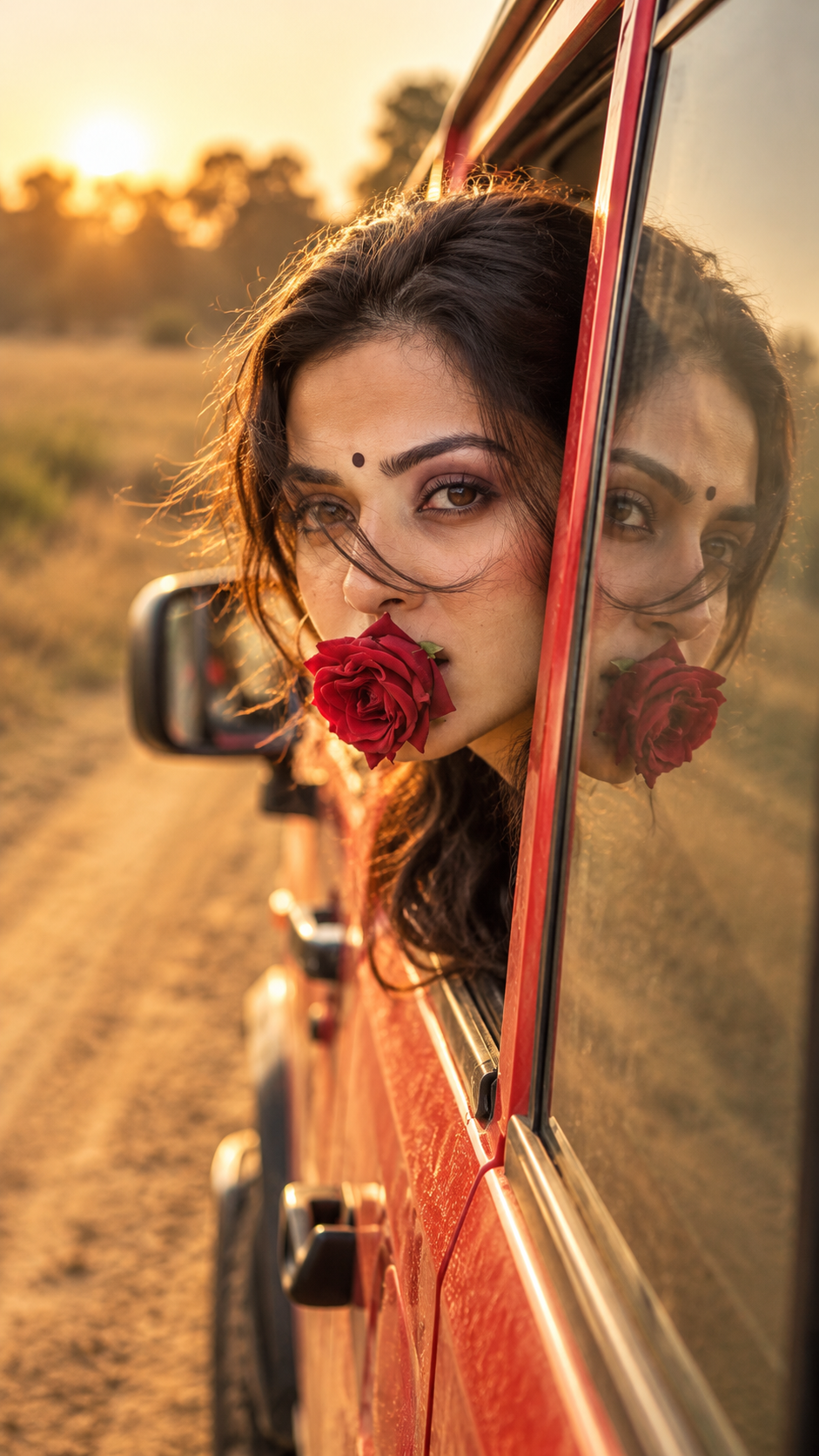 Girl posing from car with rose