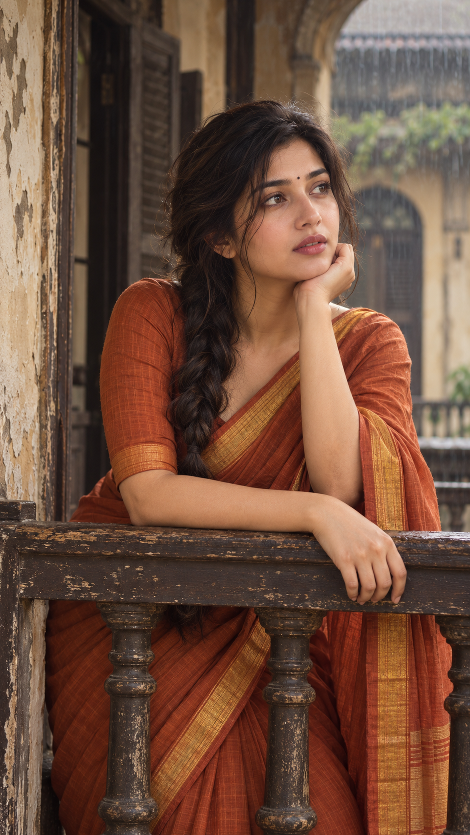 Girl posing in orange dress